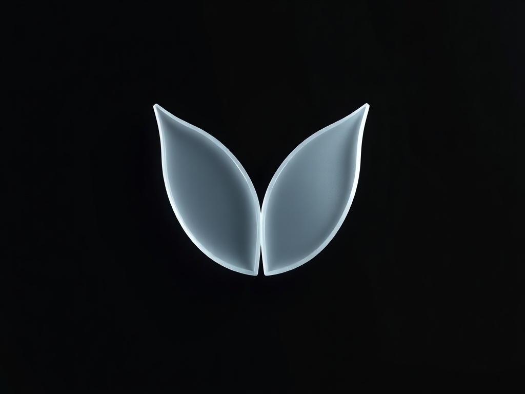 Minimalist 3D rendered logo mark: a stylized 'W' formed by two overlapping abstract leaf shapes, made of frosted glass with a subtle light glow. Set against a dark gradient background. Photorealistic, 8k, commercial studio lighting.